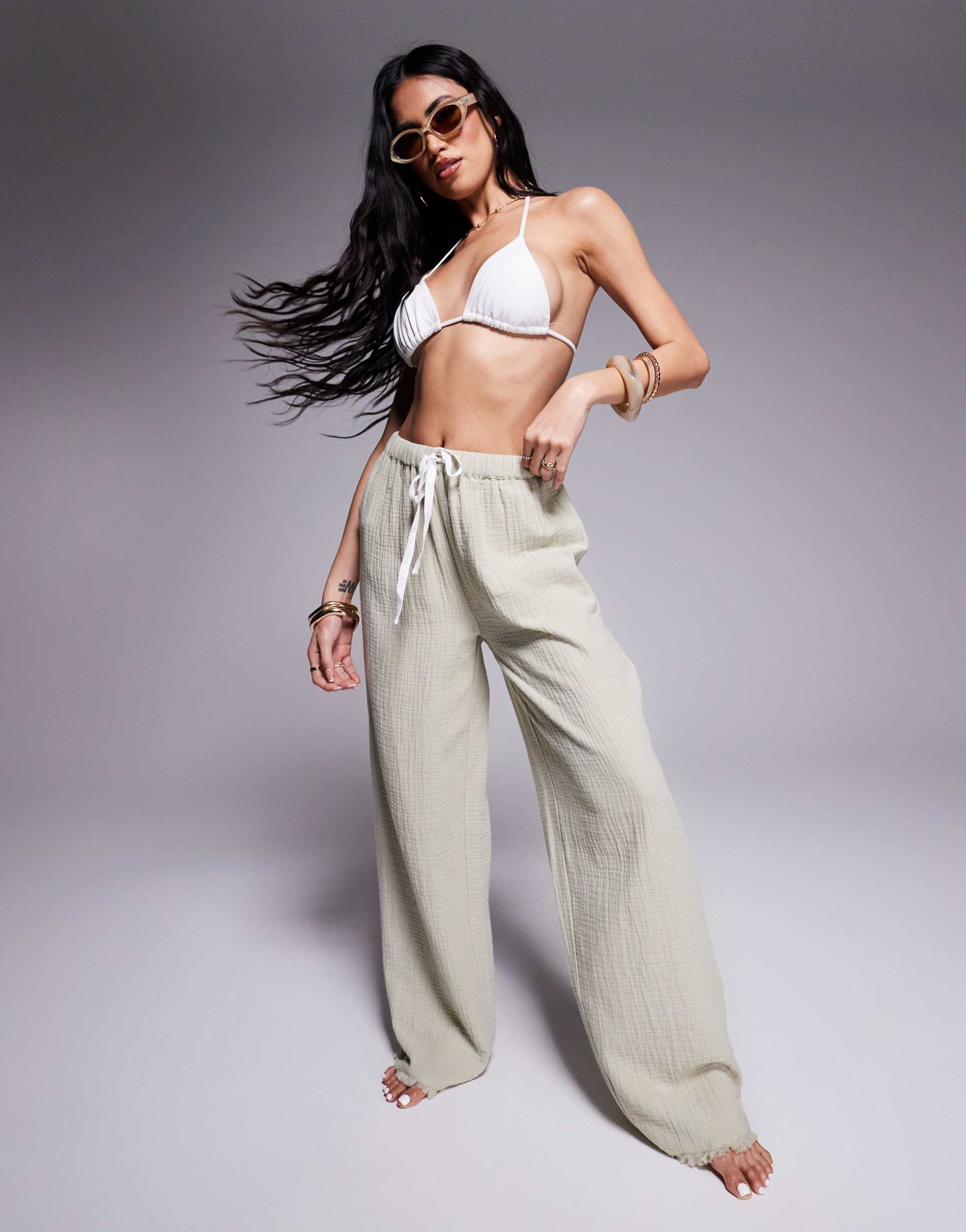 asos design callie cheesecloth frayed beach pants in washed sage