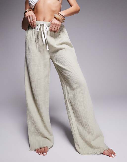 ASOS DESIGN Callie cheesecloth frayed beach pants in washed sage