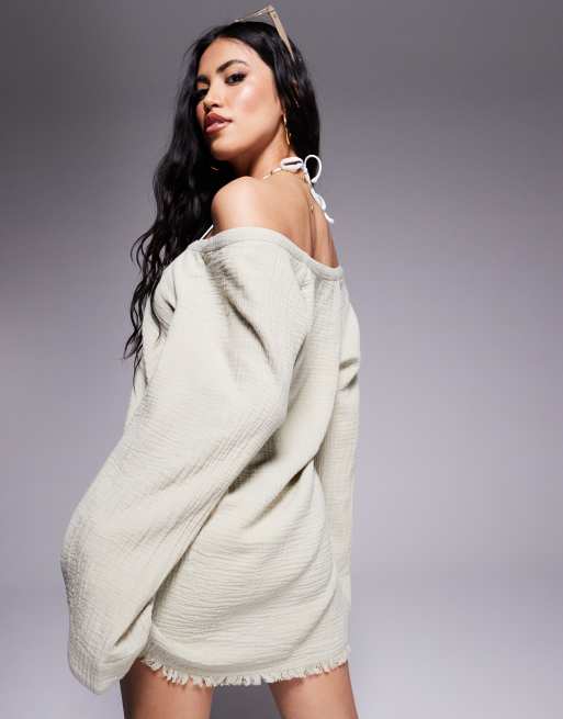 ASOS DESIGN Callie   cheesecloth frayed long sleeve beach sundress in washed sage , 2 of 4