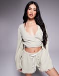[ASOS DESIGN] ASOS DESIGN Callie cheesecloth frayed wrap front beach shirt in washed sage-Green 12 Sage Green
