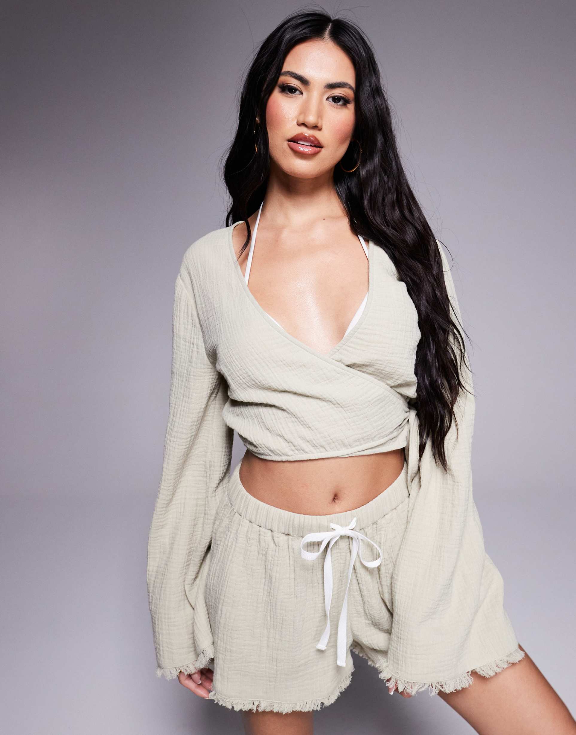 asos design callie cheesecloth frayed wrap front beach shirt in washed sage