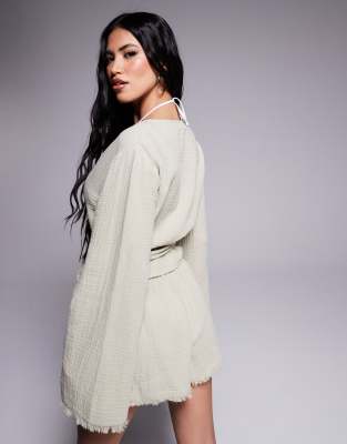 Asos Design Callie Cheesecloth Frayed Wrap Front Beach Shirt In Green