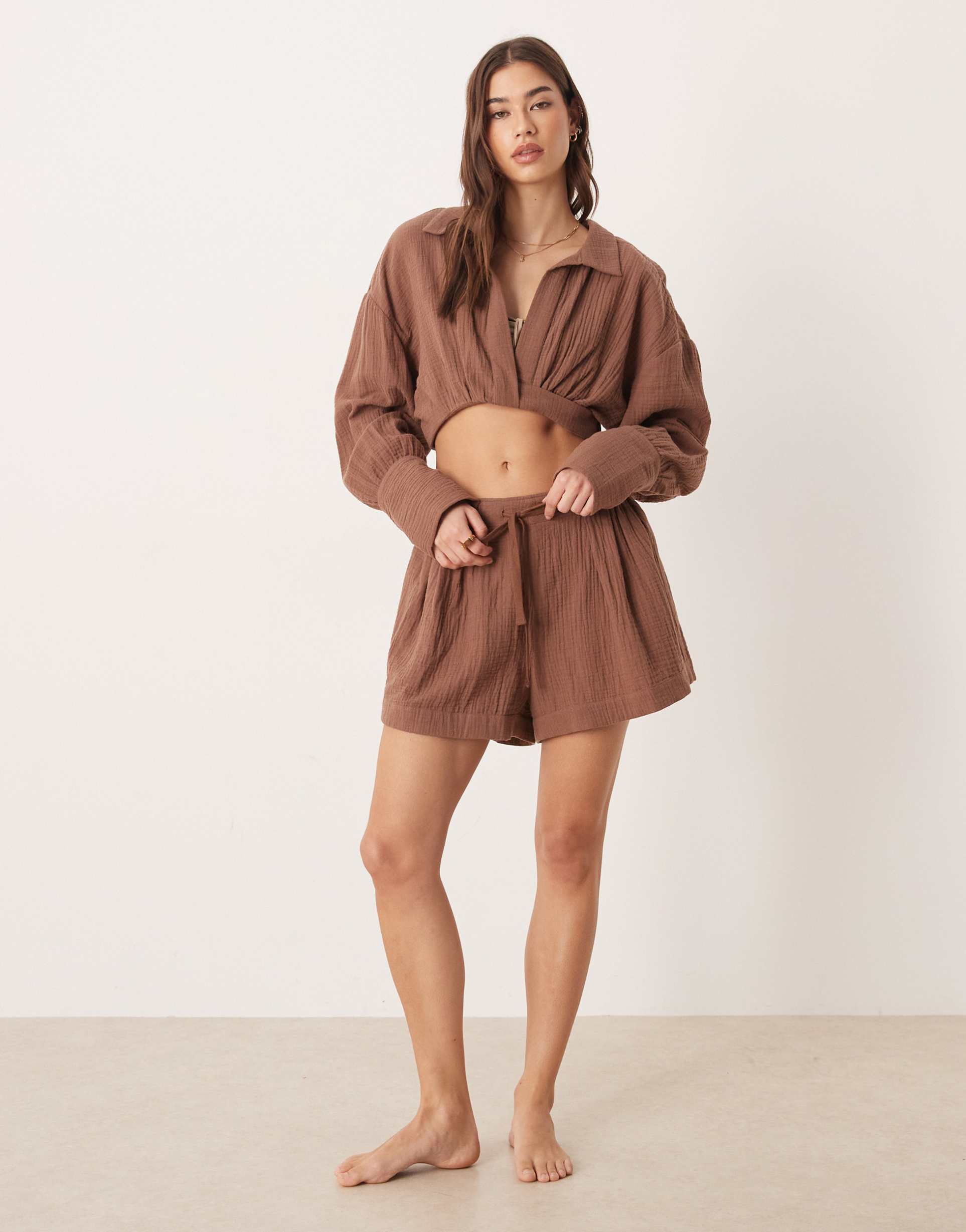 asos design callie cheesecloth paper bag waist beach shorts in mocha