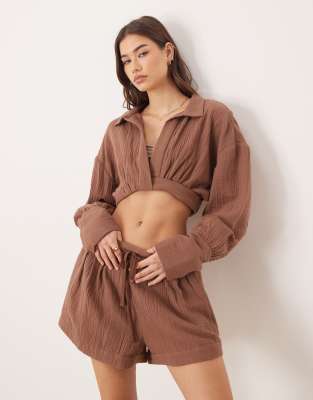 Asos Design Callie Cheesecloth Wrap Front Beach Shirt In Brown