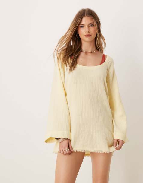 ASOS DESIGN – Callie – Dwustronna sukienka plażowa z długimi rękawami i postrzępionym dołem z muślinu w jasnożółtym kolorze - view 1