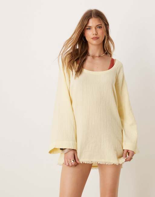 ASOS DESIGN – Callie – Dwustronna sukienka plażowa z długimi rękawami i postrzępionym dołem z muślinu w jasnożółtym kolorze