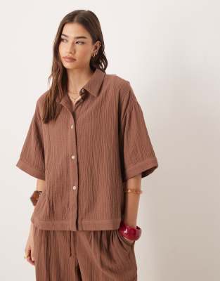 Asos Design Callie Resort Cheesecloth Short Sleeve Beach Shirt In Brown