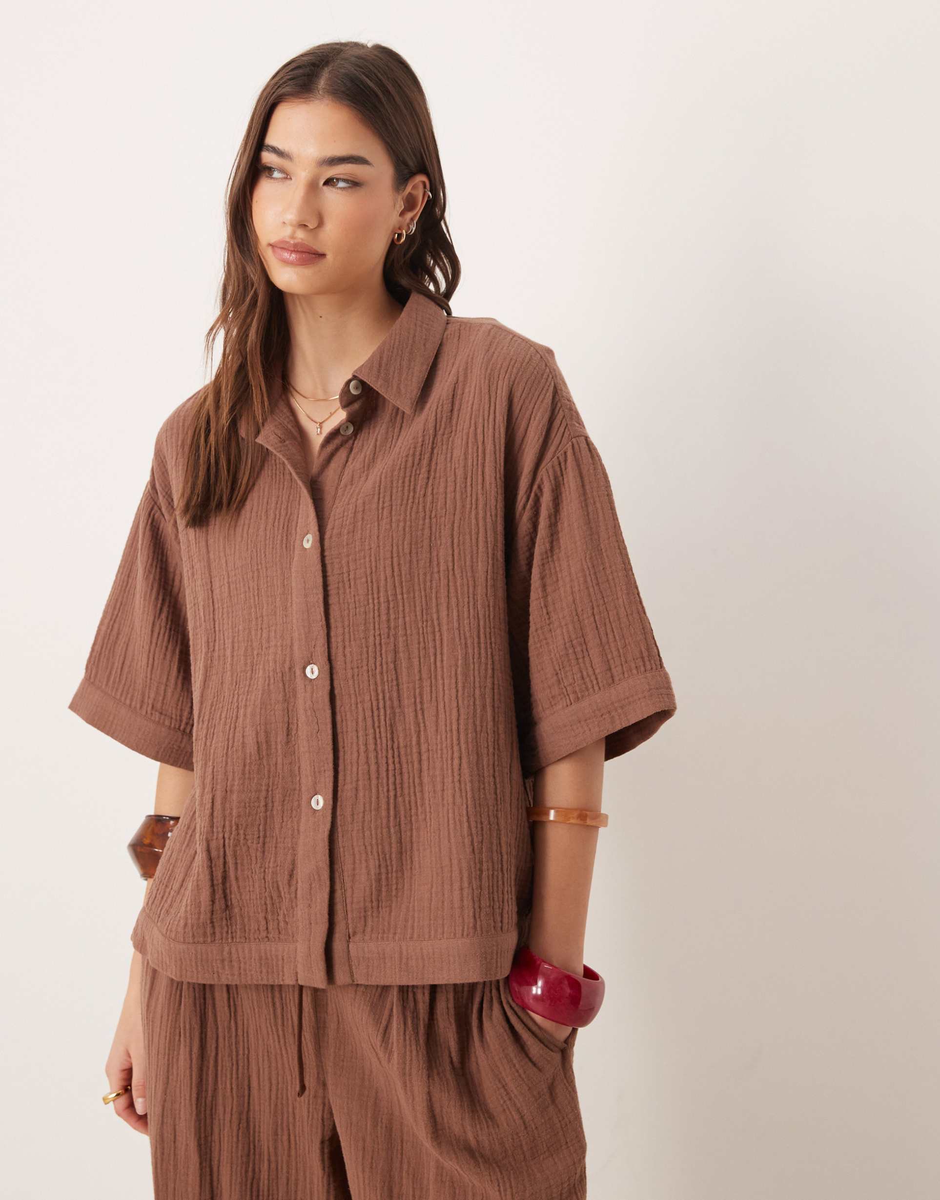 asos design callie resort cheesecloth short sleeve beach shirt in mocha