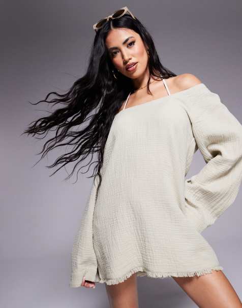 ASOS DESIGN - Callie - Robe de plage en gaze avec manches longues et ourlet effiloché - Sauge délavé - view 1