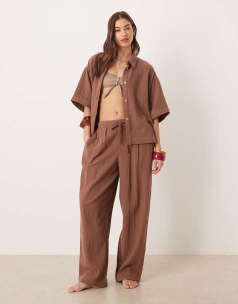 ASOS DESIGN – Callie – Strandhose aus Musselinstoff in Mokka mit Ballon-Schnitt - view 1