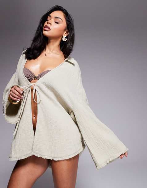 ASOS DESIGN - Callie - Tunique de plage effrangées en gaze - Sauge délavé - view 1