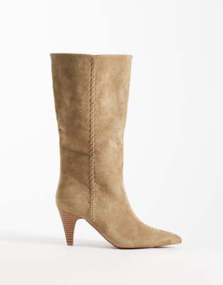 Calliope heeled knee boot with whipstitch detail in sand