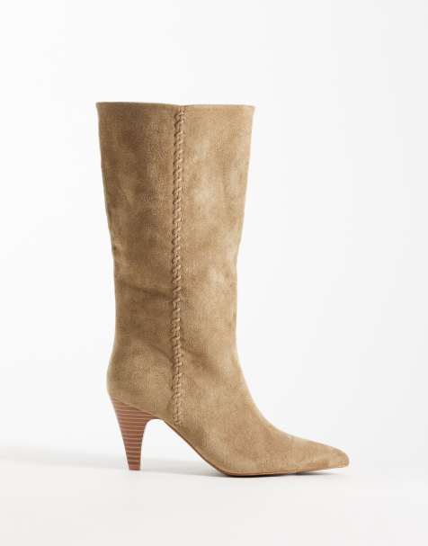 ASOS DESIGN – Calliope – Kniehohe Stiefel in Sand mit Absatz und Überwendlingsstich - view 1
