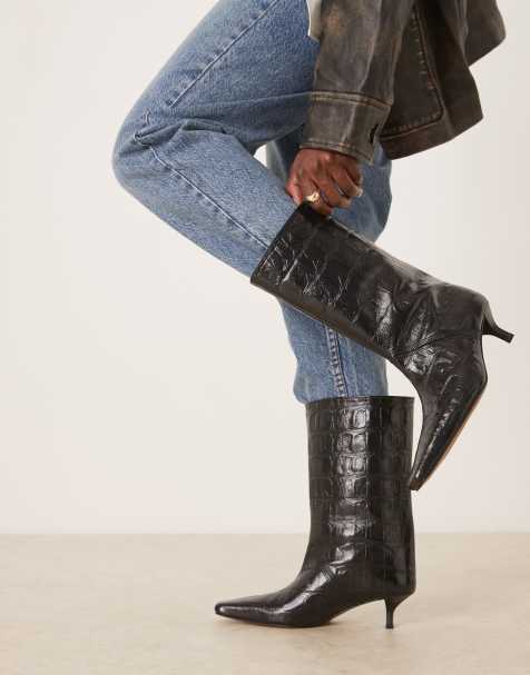 ASOS DESIGN – Calloway – Hochwertige Schlupfstiefel aus Leder in Kroko-Schwarz mit weitem Schaft - view 1