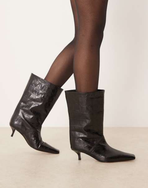 ASOS DESIGN Calloway premium leather wide leg pull on boots in black croc - view 1