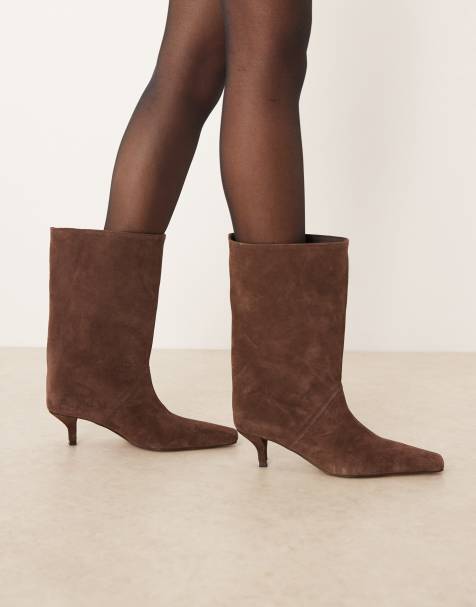 ASOS DESIGN Calloway premium suede wide leg pull on boots in chocolate - view 1