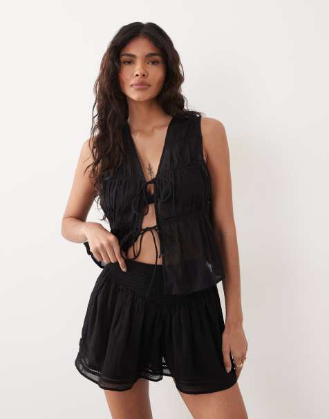 ASOS DESIGN - Calypso - Sort strandvest med bindebånd foran og blondedetaljer - view 1