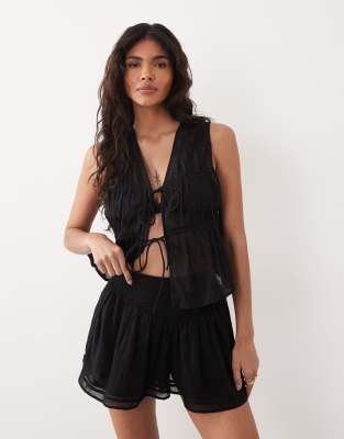 Asos Design Calypso Tie Front Beach Vest With Lace Cut Out Trim In Black