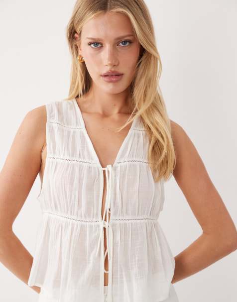 ASOS DESIGN Calypso tie front beach vest with lace cut out trim in white - view 1