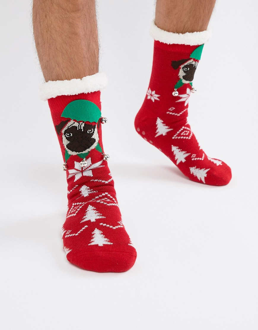 ASOS DESIGN - Calze pantofola natalizie con dita con muso di carlino e soffice interno-Rosso