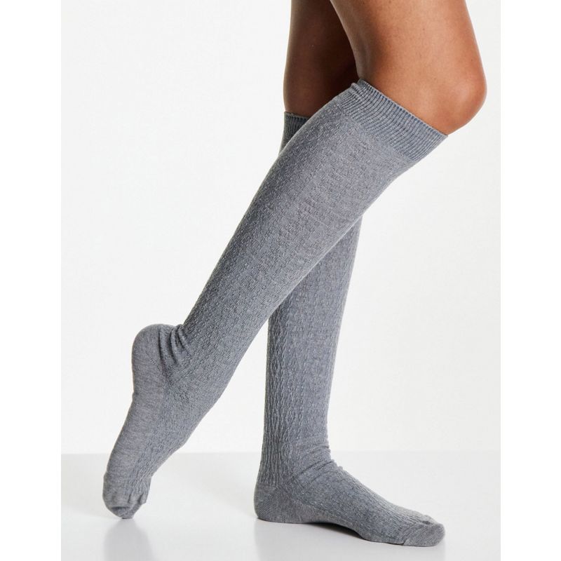 DESIGN - Calzini al ginocchio, di maglia, modello a trecce, colore grigio