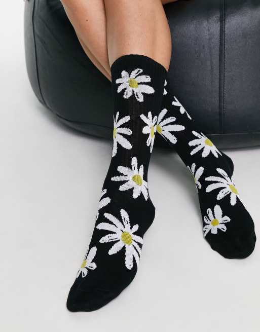 ASOS DESIGN - Calzini al polpaccio in nero con stampa a fiori