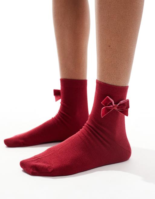 ASOS DESIGN Calzini alla caviglia bordeaux con fiocco in velluto