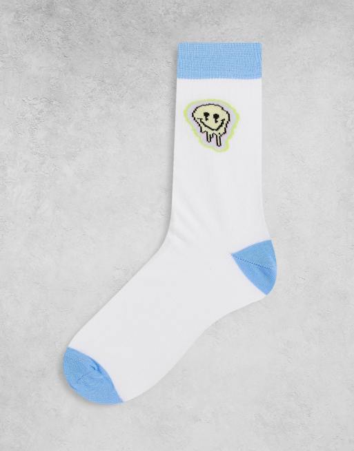 ASOS DESIGN - Calzini alla caviglia con stampa di faccina sorridente effetto fuso