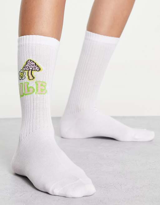 ASOS DESIGN - Calzini bianchi a coste con stampa di funghi e faccina sorridente, 2 di 4