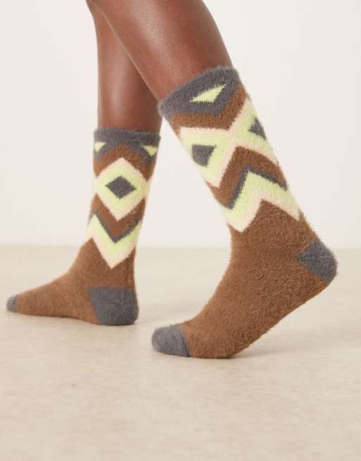 ASOS DESIGN - Calzini soffici marroni multicolore con motivo Fair Isle