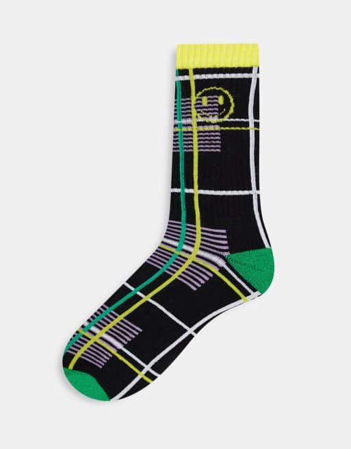 ASOS DESIGN - Calzini sportivi a quadri scozzesi con faccina felice