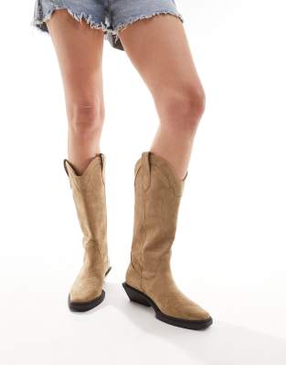 ASOS DESIGN - Camden - Flache, kniehohe Cowboystiefel in Taupe-Neutral