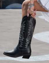 Pull&Bear faux leather western knee high boots in black