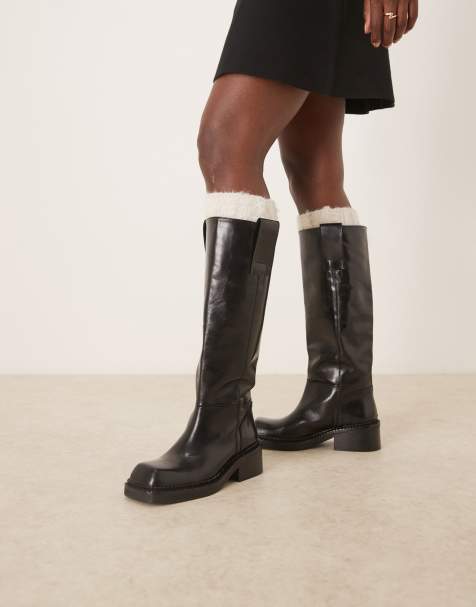 ASOS DESIGN – Camelia – Kniehohe Trucker-Stiefel aus hochwertigem Leder in Schwarz - view 1