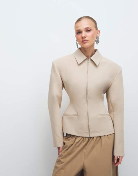 ASOS DESIGN tailored sculpted cinch waist zip through jacket in camel