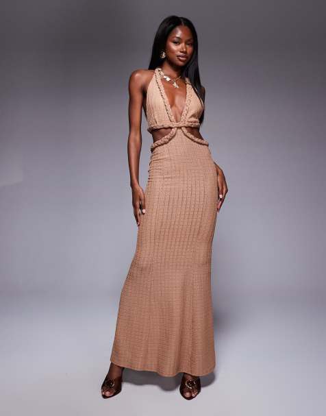 ASOS DESIGN textured rib orange plaited halter midi dress in camel