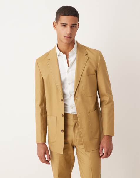 ASOS DESIGN – Camelowa marynarka garniturowa o regularnym kroju z diagonalu z mieszanki bawełny i lnu - view 1