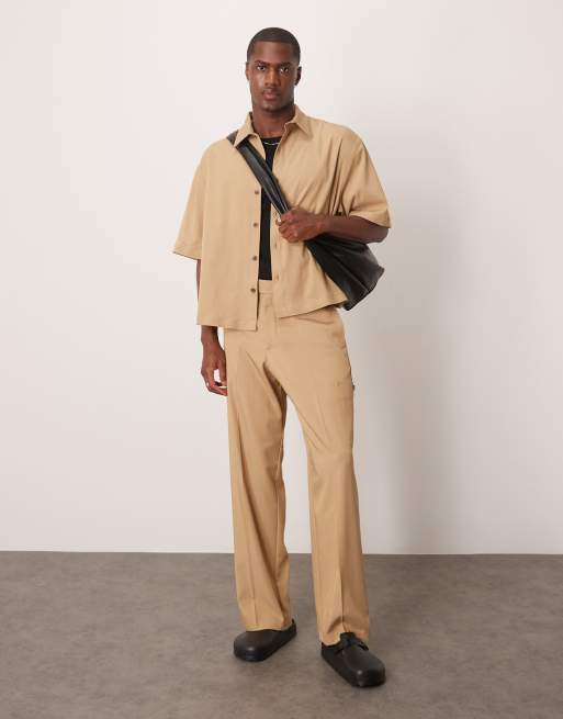 ASOS DESIGN – Camelowe eleganckie bojówki z szerokimi nogawkami o puszystej fakturze, część zestawu