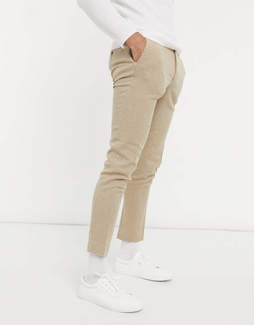 ASOS DESIGN – Camelowe eleganckie spodnie w pepitkę z mieszanki wełny, o bardzo obcisłym kroju
