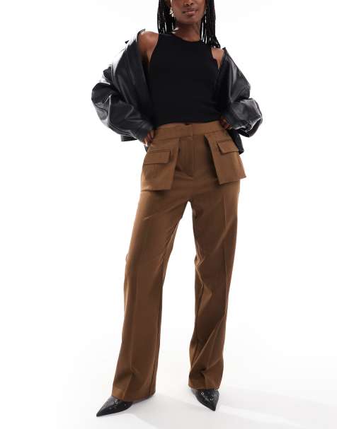 ASOS DESIGN – Camelowe eleganckie spodnie z prostymi nogawkami i wyeksponowanymi kieszeniami w stylu utility - view 1