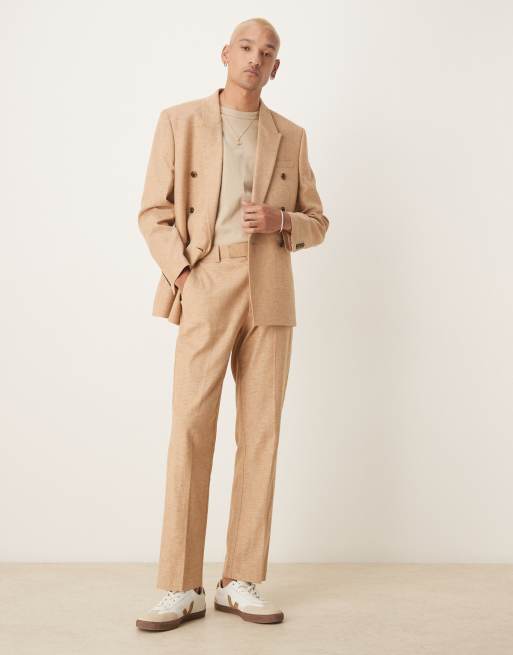 ASOS DESIGN – Camelowe spodnie garniturowe z prostymi nogawkami z materiału z dodatkiem lnu