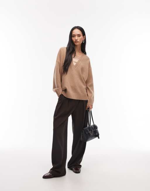 ASOS DESIGN – Camelowy koronkowy sweter z głębokim dekoltem w szpic, 4 z 4