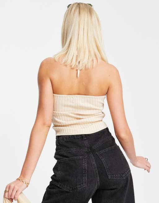 ASOS DESIGN – Camelowy prążkowany top z dzianiny dekoltem typu halter, 2 z 4