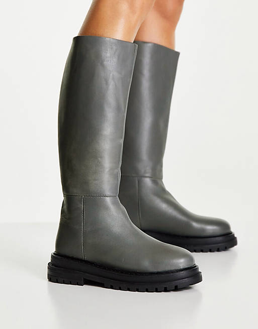 ASOS DESIGN – Cameo – Kniehohe Stiefel in Grau aus hochwertigem Leder