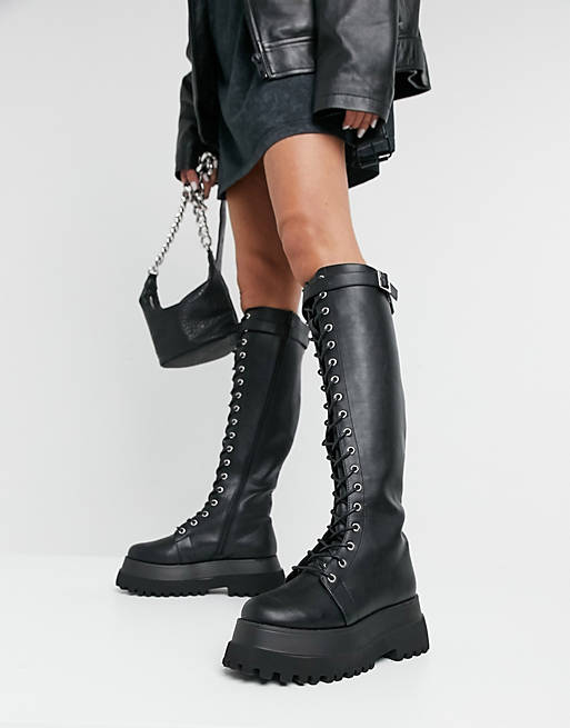ASOS DESIGN Camera chunky lace up knee boots in black