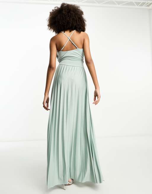 ASOS DESIGN halter neck Grecian pleated skirt maxi dress in pastel blue