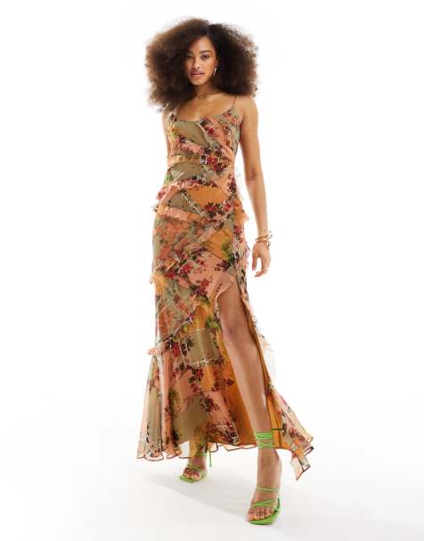 ASOS DESIGN cami bias maxi dress with ruffles with patched lace in mixed floral print - view 1