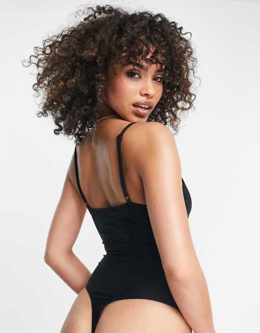 ASOS DESIGN cami bodysuit with illusion mesh in black