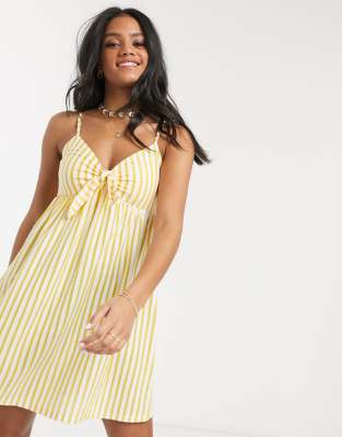 Asos Design Cami Bow Front Mini Sundress In Mustard And White Stripe Asos