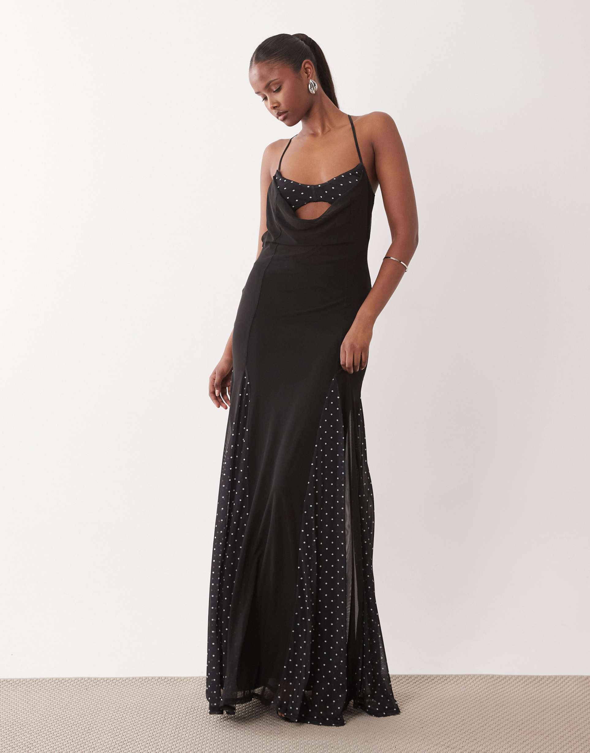 asos design cami bra detail polka dot printed maxi dress with godets in black